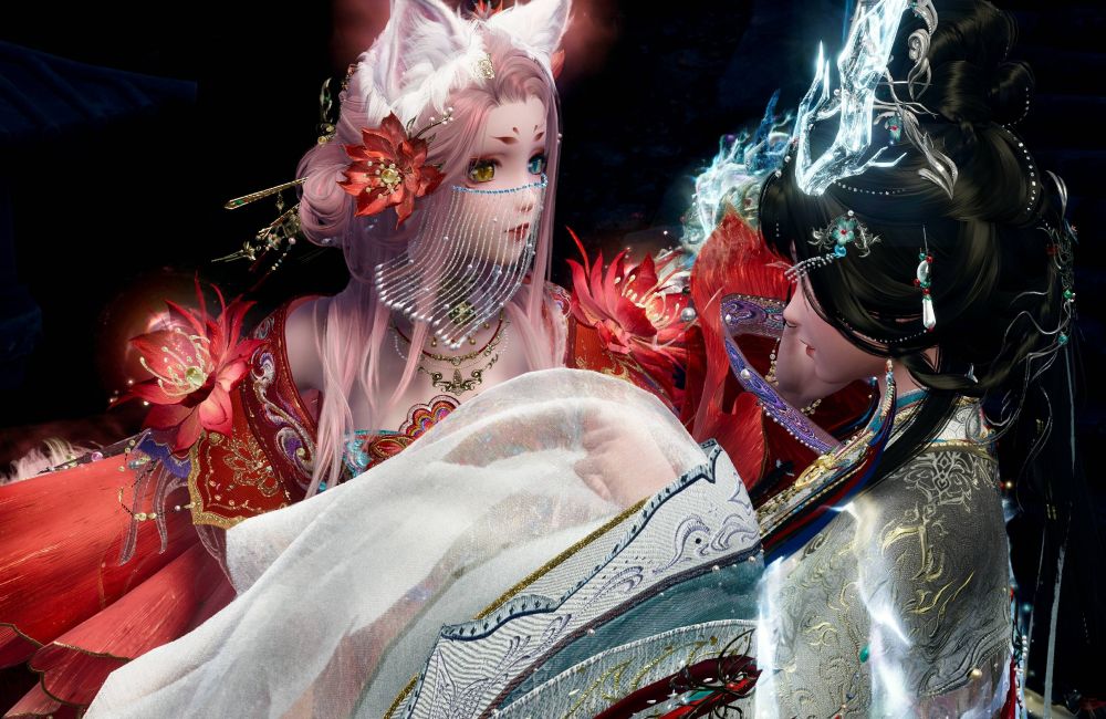 A screenshot from the game Infinity Nikki. It features two player characters wearing the current (31/07/2025) banner outfits, one a red-themed cat outfit, the other a teal-themed dragon outfit. Both are wearing many-layered Chinese traditional dress.