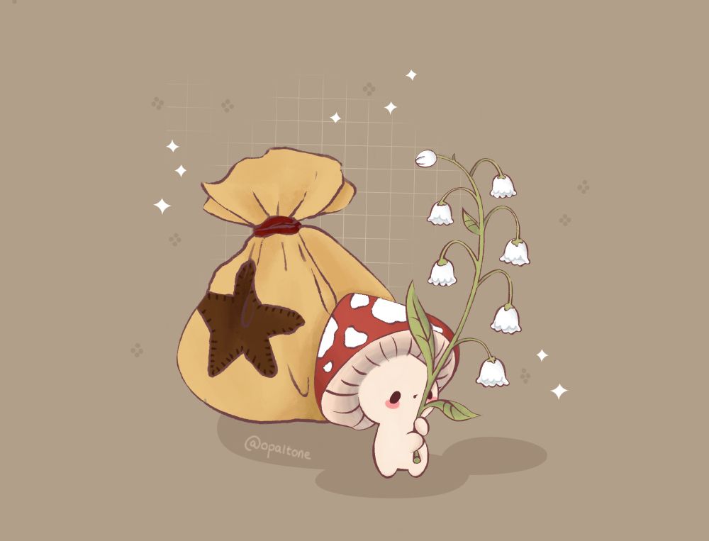 An image of a cute and small mushroom character carrying a sprig of Lily of the Valley much taller than themselves, stood next to a beige sack with a brown star motif on it, as one would find in the Animal Crossing series.