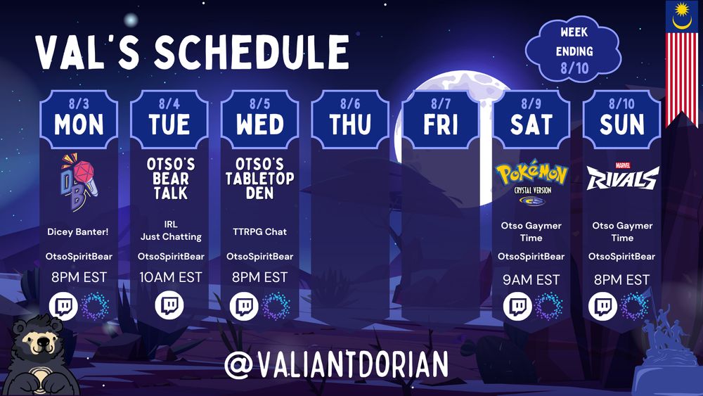 A promotional graphic featuring Val's weekly schedule