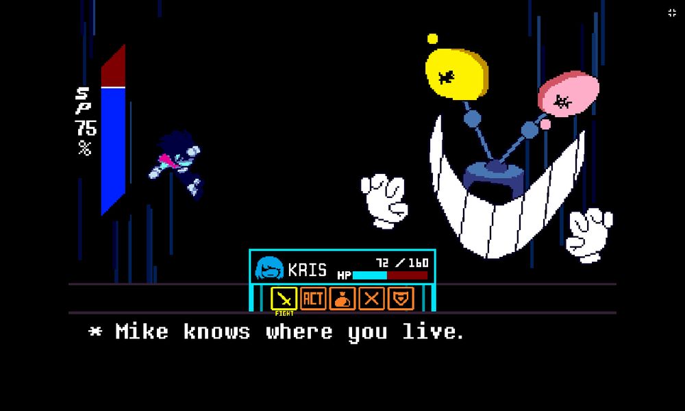 A screenshot of Mike Big Showdown, a fangame of deltarune chapter 3
The "flavor text" (or whatever this is called lol) says :
Mike knows where you live.