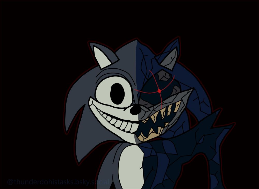 A fanart of 2017x where his right side is his "Sonic" form and the left side is his "Broken Face" form.