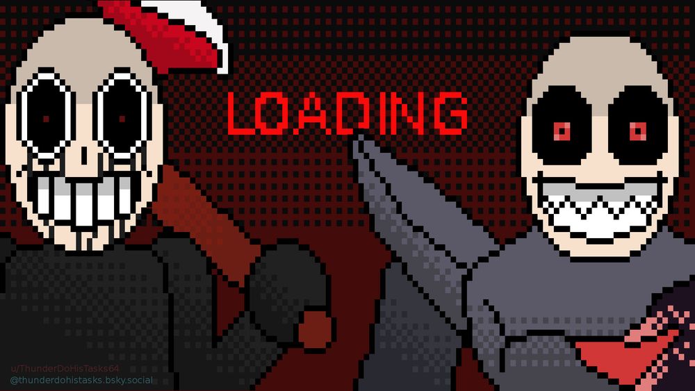 A pixel art loading screen with Eteled and Austin