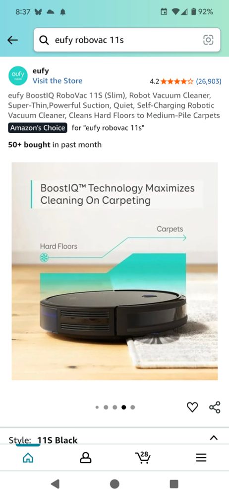 Screenshot of the robovac off of Amazon, showing the side profile of the robot as well as it's floor brushes. The diagram shown indicates that the robot can handle hard floor as well as carpet.