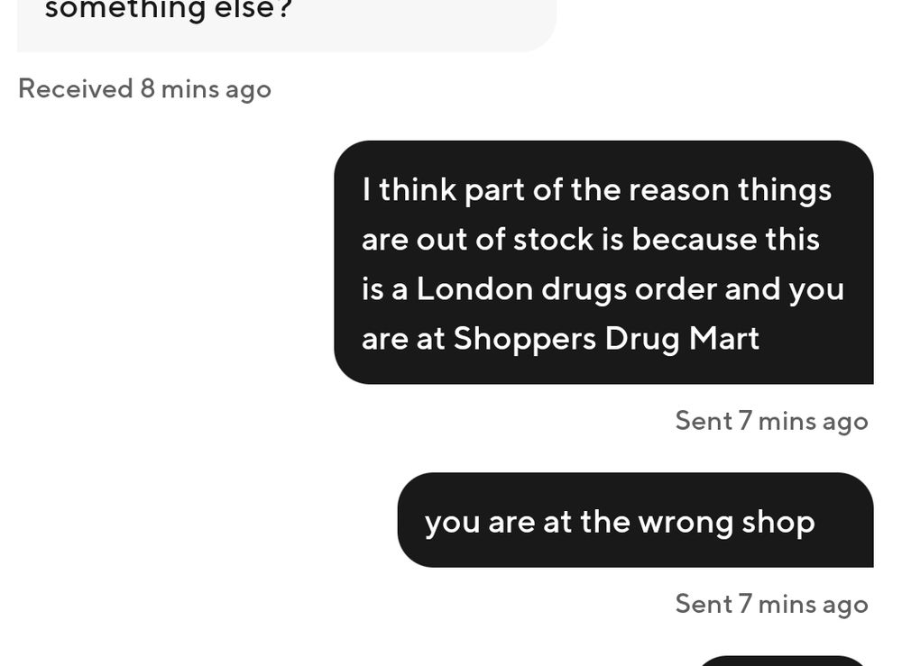 After the dasher said a lot was out of stock, Leona realized that the photos she was receiving was of the wrong shop. She tells the dasher.