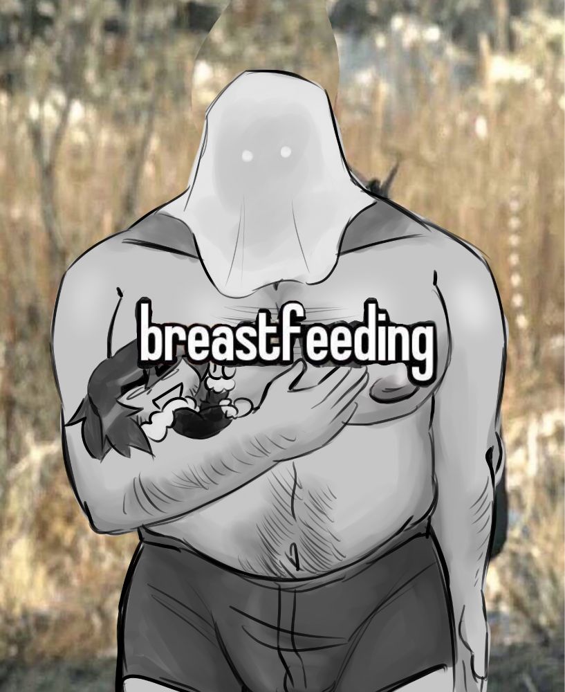 Suggestive joke meme redraw that has text saying ‘breastfeeding’.