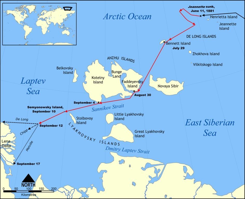 The trekking path of the Jeannette crew to reach Siberia. The crew, using harnesses, manually pulled boats across rough sea ice until reaching the Lena Delta. Nindemann (along with Louis Noros) was then sent ahead to find rescue when others of his crew could no longer walk. He did find rescue, then returned in an attempt to save those that had been left behind. 