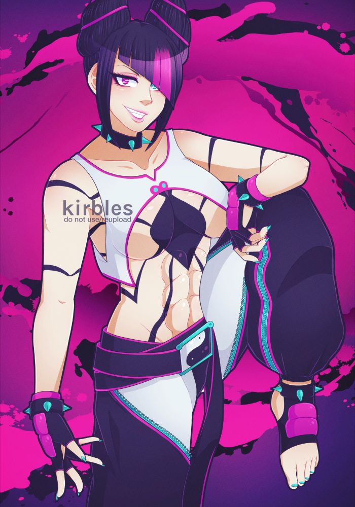 Digital art featuring Juri Han in her appearance from Street Fighter 6. The background has pink, purple and black ink splatters going in a clockwise direction. She poses with her left leg up and bent, with her left arm relaxing on it, and her flexing her right hand downwards. She has a mischievous grin on her face.