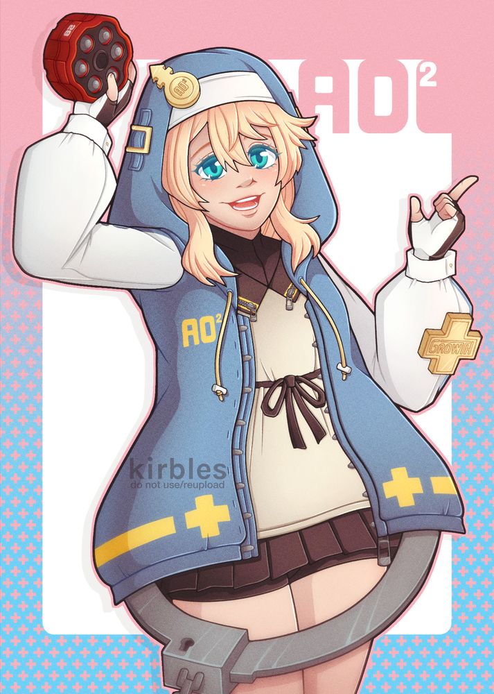 Digital art featuring Bridget from the Guilty Gear franchise of games, specifically with her design from Strive. She is holding up her yo-yo with her right hand and pointing her finger away with her left. The background is pink and blue, eluding to the transgender flag.