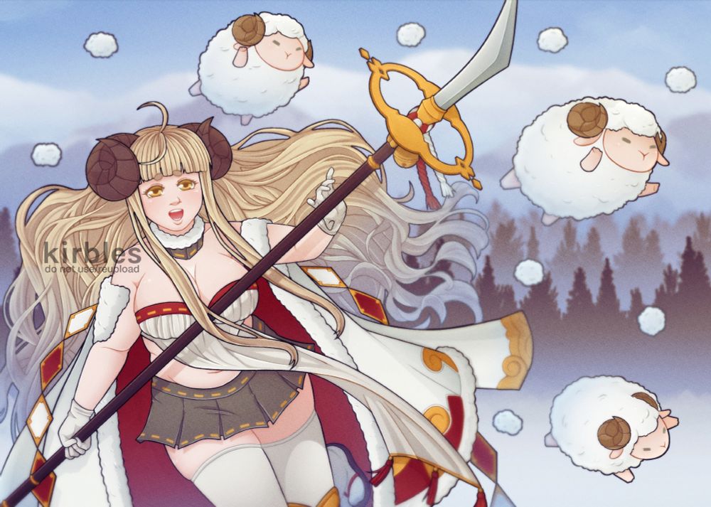Digital art of Anila from the Granblue Fantasy series. She is wielding a spear and smiling, surrounded by balls of fluff and three fluffy sheep. The background features snowy mountains and silhouettes of trees.