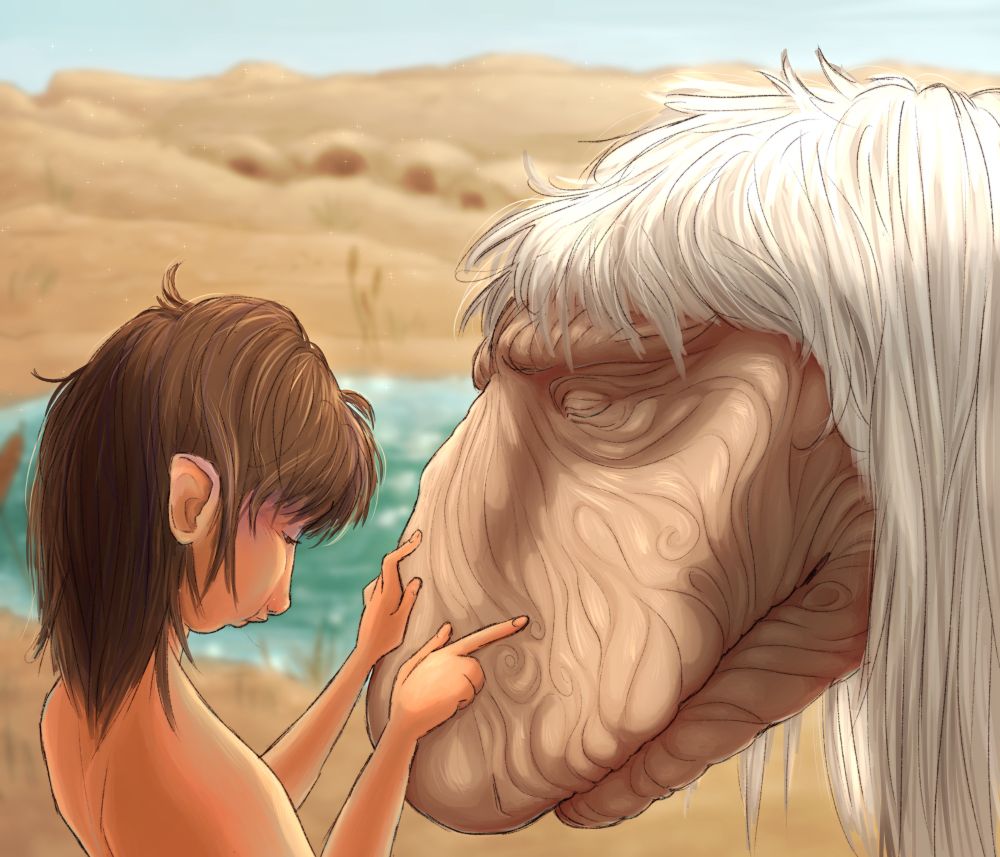 a digital painting of a young jen the gelfling tracing the wrinkles on master urSu’s nose. they sit in front of a teal pond among a sandy landscape. jen has no clothes on and urSu has his eyes closed