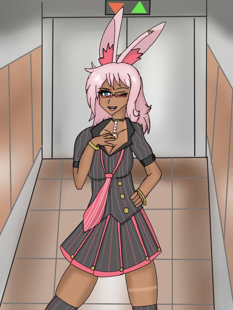 OC Chéri is a flirtatious pose winking at the viewer while next to a office elevator 
