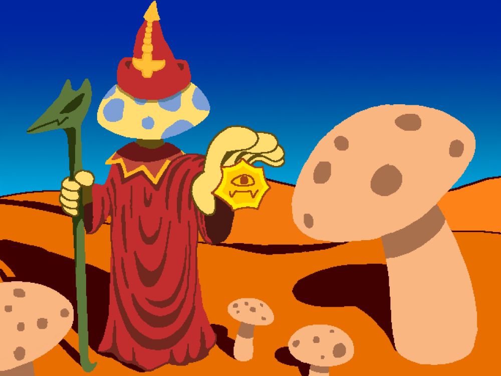 desenho do hermes trismegistus + fungo sinistro, ele tem roupinha vermelhas de alquimista e um chapeu pontudo vermelho, numa mao tem um cajado com cabeça de reptil e na outra um mini-solzinho

e a cabeça dele é um cogumelo

ele ta no deserto e ao redor dele tem varios cogumelinhos