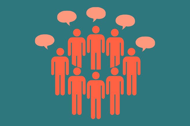 This is a graphic image of orange people standing in a circle with orange thought bubbles above their head. 