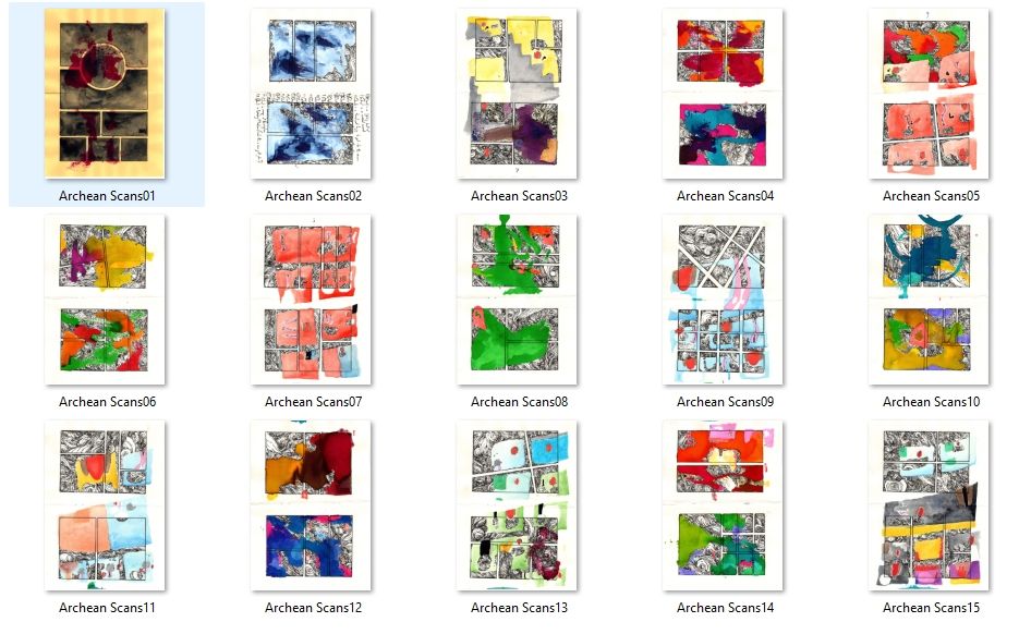 A screenshot of a Windows folder showing 15 numbered files named 'Archean Scan' Each file has two abstract comic pages in it, except for 01 which is a cover image featuring graduated grey/black geometric shapes on a yellow background