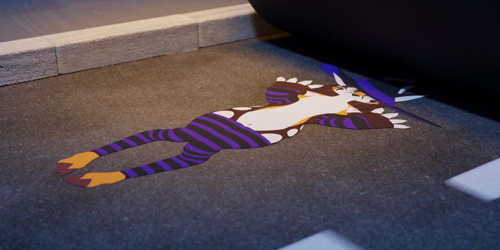 Keelva, wearing black and purple striped sleeves and thigh highs, as well a black and purple witches' hat, flattened out across a road at night by a steamroller.
She has a surprised expression, with wide eyes and a squiggled mouth.
The steamroller's drum is seen only inches behind the sheet of foxdeer.
An orange streetlamp is shining light down onto the road, and the flattened witch.