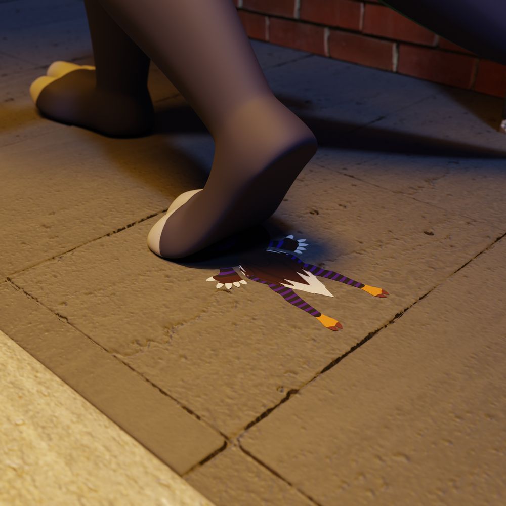 A tiny/micro Keelva, flattened out across a sidewalk under Kep's paw. She's wearing black and purple striped sleeves and thigh highs, and a wide, black and purple witches' hat.
Her head and upper body are covered by her hat, with her hands, butt, tail and legs sticking out behind it.
Kep has seemingly not noticed her and simply keeps on walking as if nothing had happened.