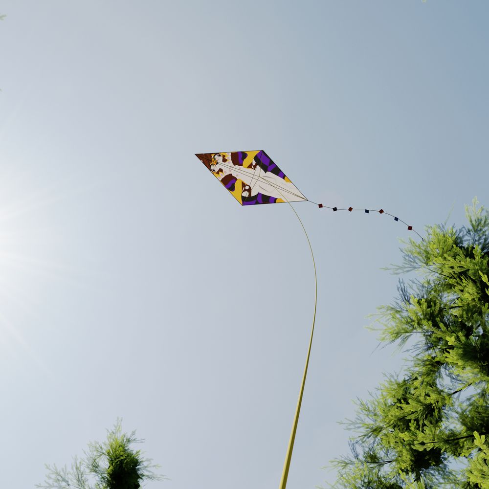 Keelva, flattened and pressed into the shape of a Kite, being flown high above the canopy of a coniferous forest.
A yellow string holds her in place, and a trail of red and blue flags waves in the wind behind her.
She bears a dazed expression, her mouth twisted into a squiggly line and her eyes misaligned, while a blush covers her cheeks.