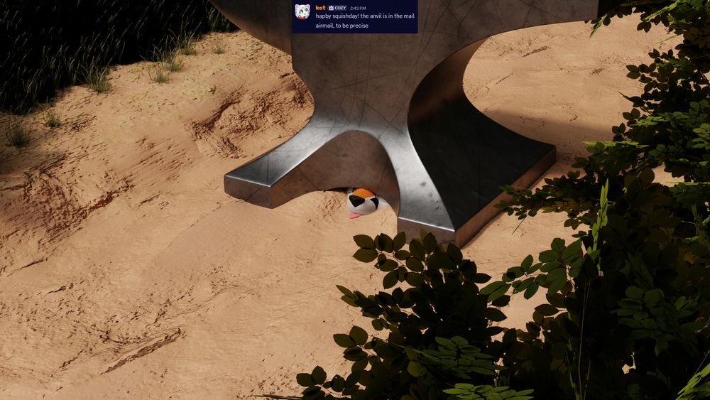 Keelva, squashed under a big anvil in the middle of a path in the woods.
Only her snout is sticking out from under it.