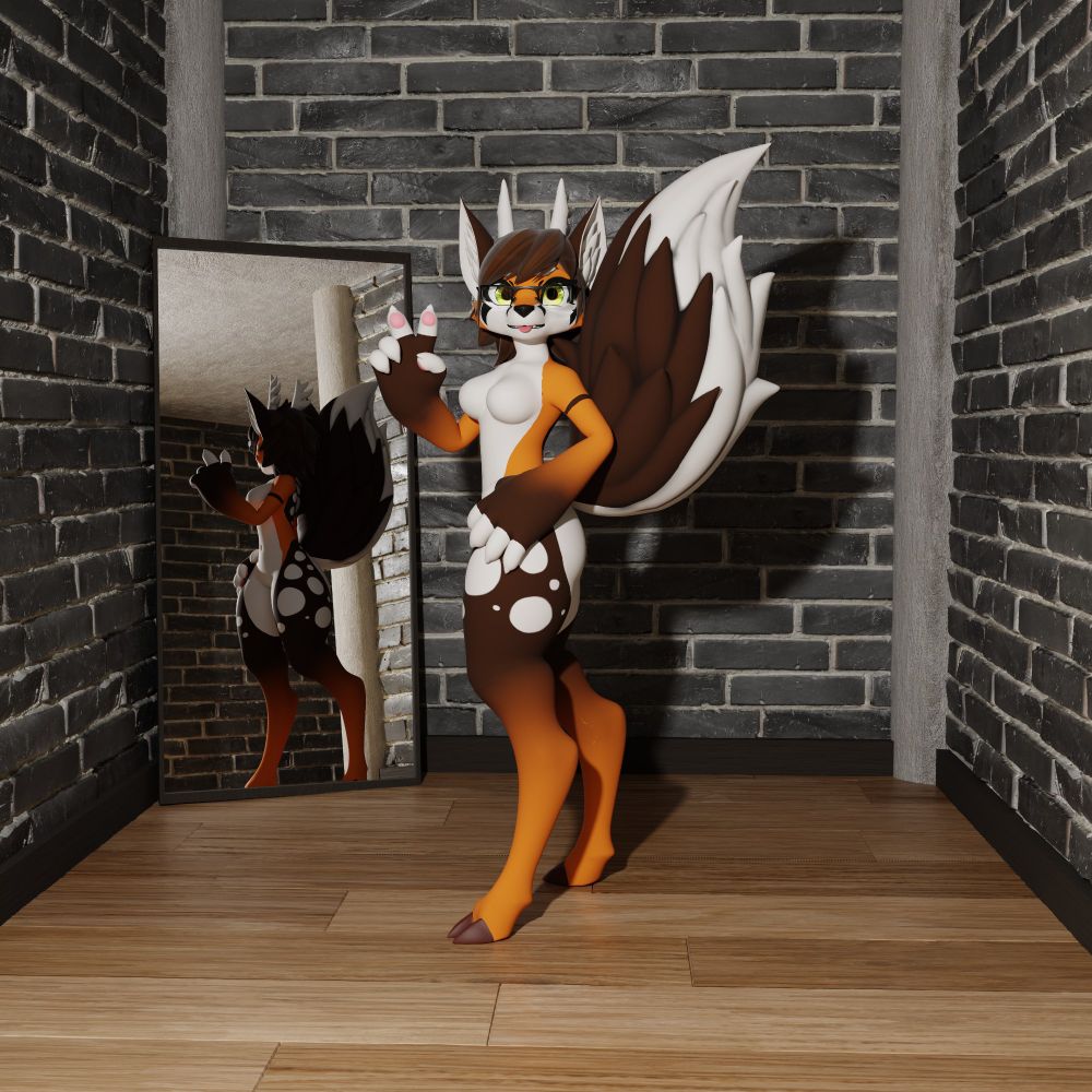 Kelveron/Keelva, as a foxdeer, posing for the camera in a large dressing room. While their feet are facing the wall to the left of the camera, their upper body is turned towards viewer. Their left hand rests on their hip, while the right is raised up above their chest, showing off a peace sign.
The foxdeer is looking straight at the viewer, their tongue poking out between their lips, which are curled into a slight smile.

The creature is a hybrid between a deer and a fox, possessing mainly deer-like characteristics such as hooves, antlers and a large, oversized tuft-like deer tail, though they also possess some fox-like features, mainly the shape of their head and nose.
They possess very large bapper hands with which to grab things.
Their fur is a mix of orange, brown and white, with white spots on their wide hips.