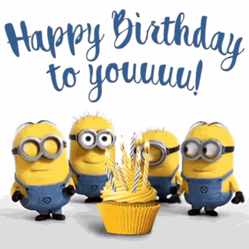 a group of minions standing around a cupcake with candles and the words happy birthday to youuu