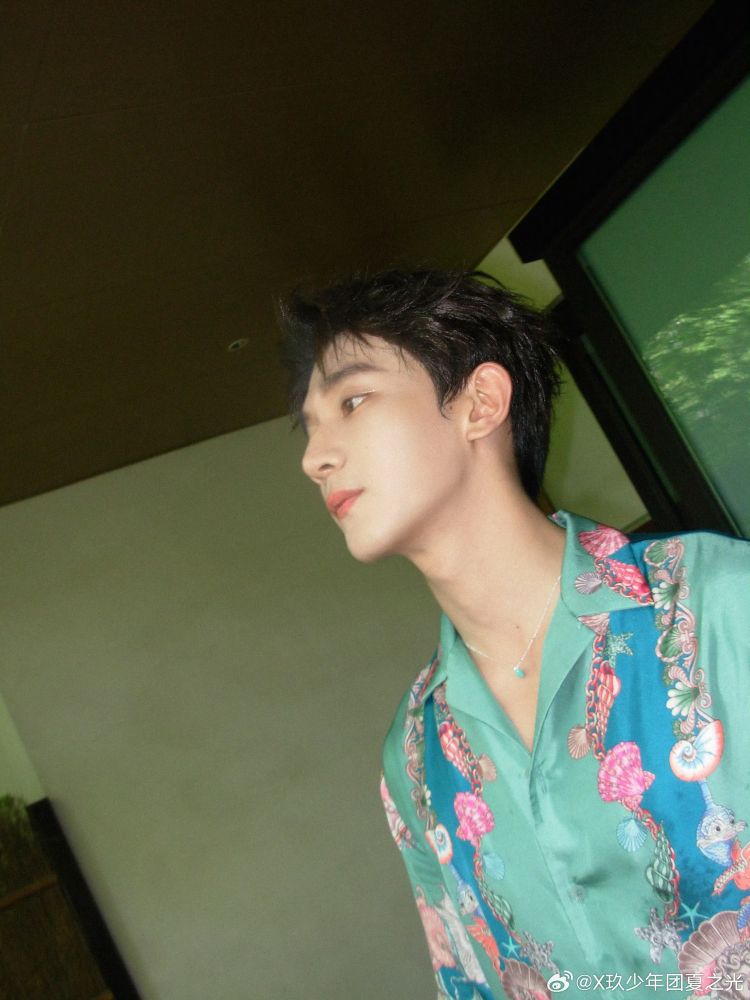 xia zhiguang in a silk teal shirt with pink and blue seashell designs. 