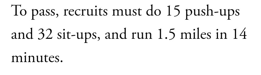 Screenshot from The Atlantic article about ICE agent recruits failing their physical fitness exam.

"To pass, recruits must do 15 push-ups and 32 sit-ups, and run 1.5 miles in 14 minutes."

https://www.theatlantic.com/politics/archive/2025/10/ice-recruits-fitness-test-trump/684625/?gift=Tsjgy5hc-Y7tsZCY3EHYrV_RrHakdXZzAIUB4mkHLO0