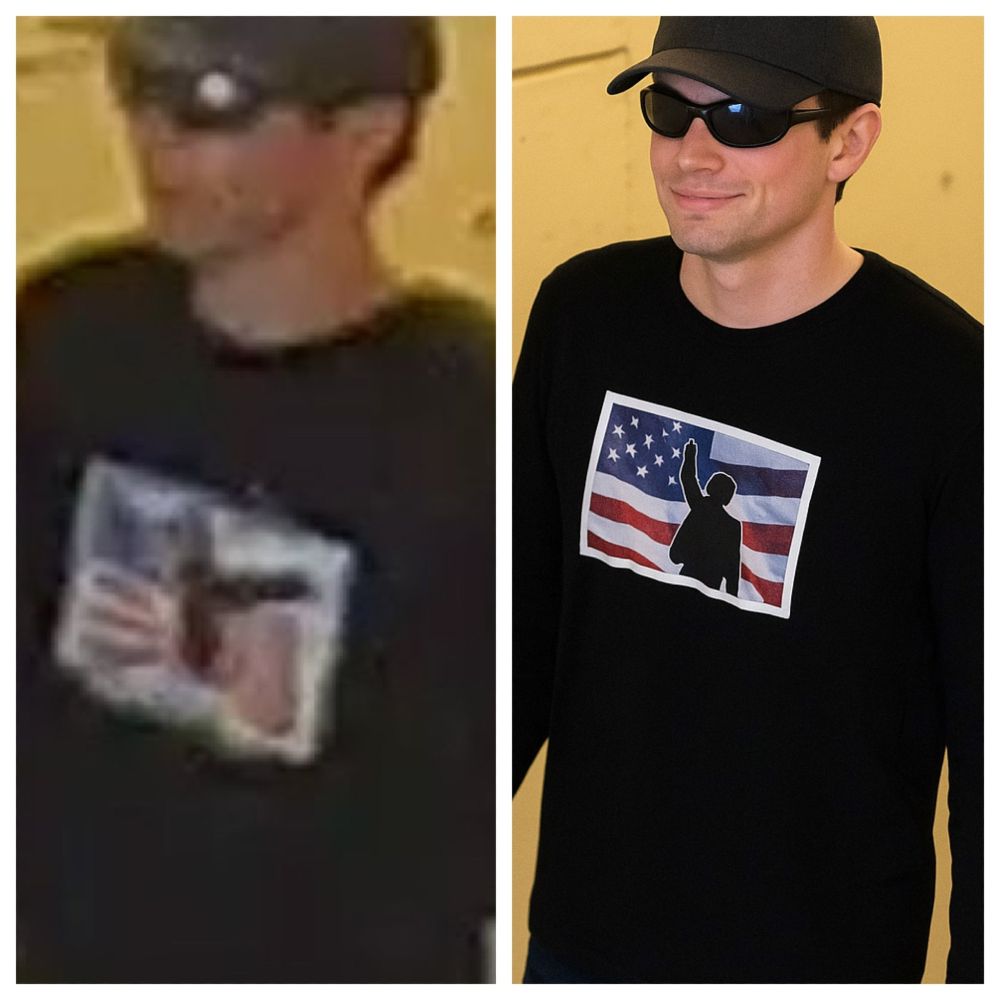 Left: picture of "person of interest" in Charlie Kirk shooting. Right: ridiculous AI-upscaled version showing him as a Chad, with the eagle on his shirt converted into a man waving his hand