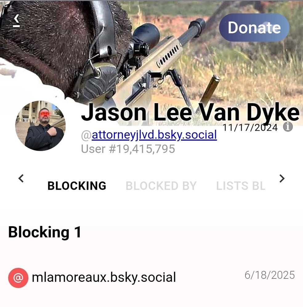 Screenshot of Clearsky.app page for Jason Lee Van Dyke's account, showing he blocks a single user who he thinks is Mack Lamoreaux. 