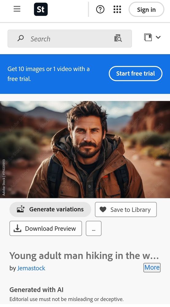 Screenshot of Adobe stock photo page showing that account's profile picture is AI-generated https://stock.adobe.com/images/Young-adult-man-hiking-in-the-winter-forest-generated-by-AI/710231013