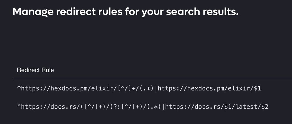 A screenshot of kagi.com configuration showing that web search result links to hexdocs.pm and docs.rs will be custom redirected to the same result in the most recent version.