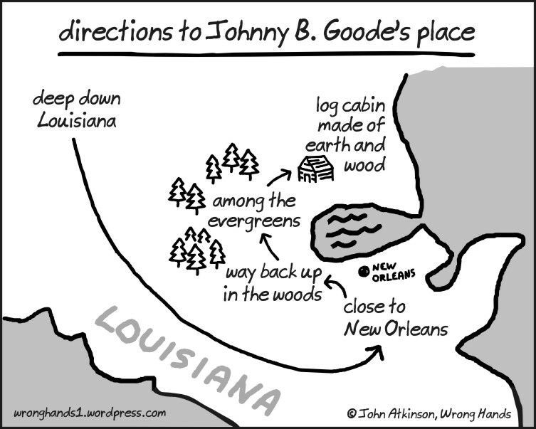 directions to Johnny B Goode's crib, uses lyrics from song on map