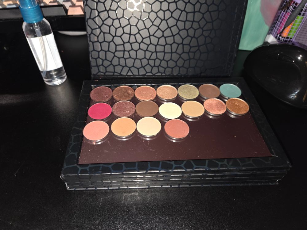 A magnetic "blank" palette for makeup. 
This one has 4 trays and only the top is showing, with a variety of mostly earthy colors