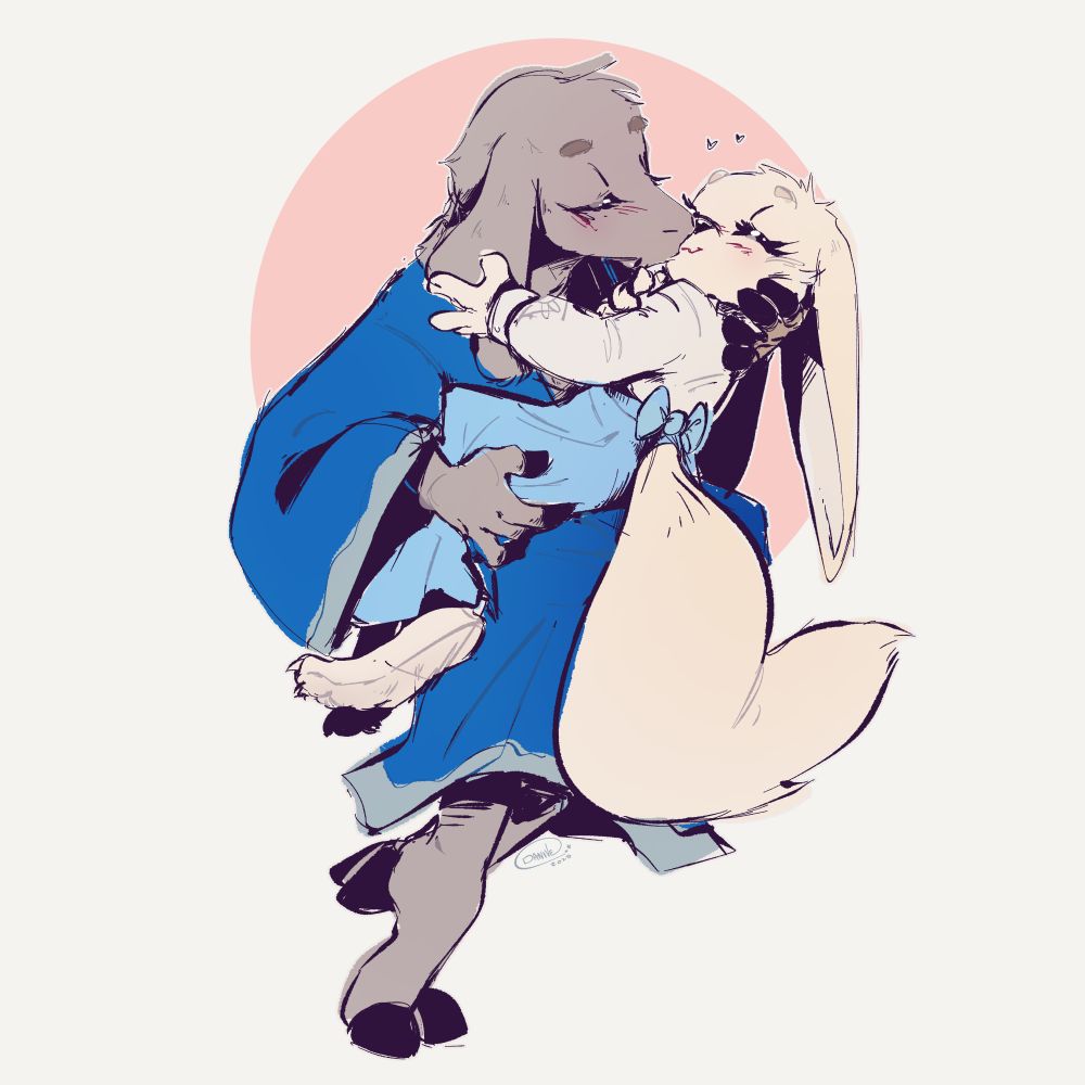Fennec Fox woman Kel being held and kissed by her goat wife Tarn.