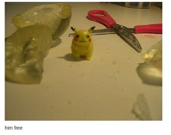 A Pikachu figurine that has been cut out of its rubber bouncy ball prison. The liberating scissors lie flat in the background.

Text at the bottom reads, "Him free."