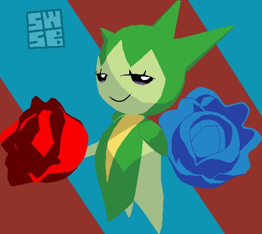 Pixel art depicting the Pokémon Roselia in front of a red-and-blue-striped background.