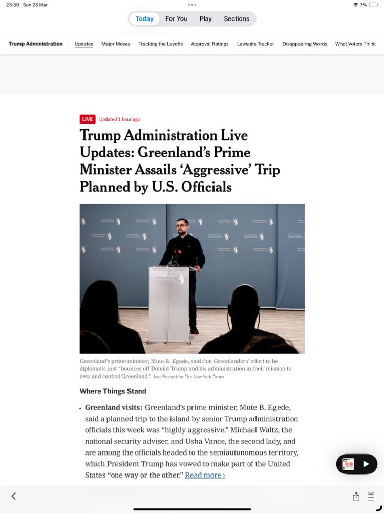 Screen grab from the NYT. Vance is sending wife to Greenland to do his dirty work
Trump Administration Live Updates: Greenland’s Prime Minister Assails ‘Aggressive’ Trip Planned by U.S. Officials