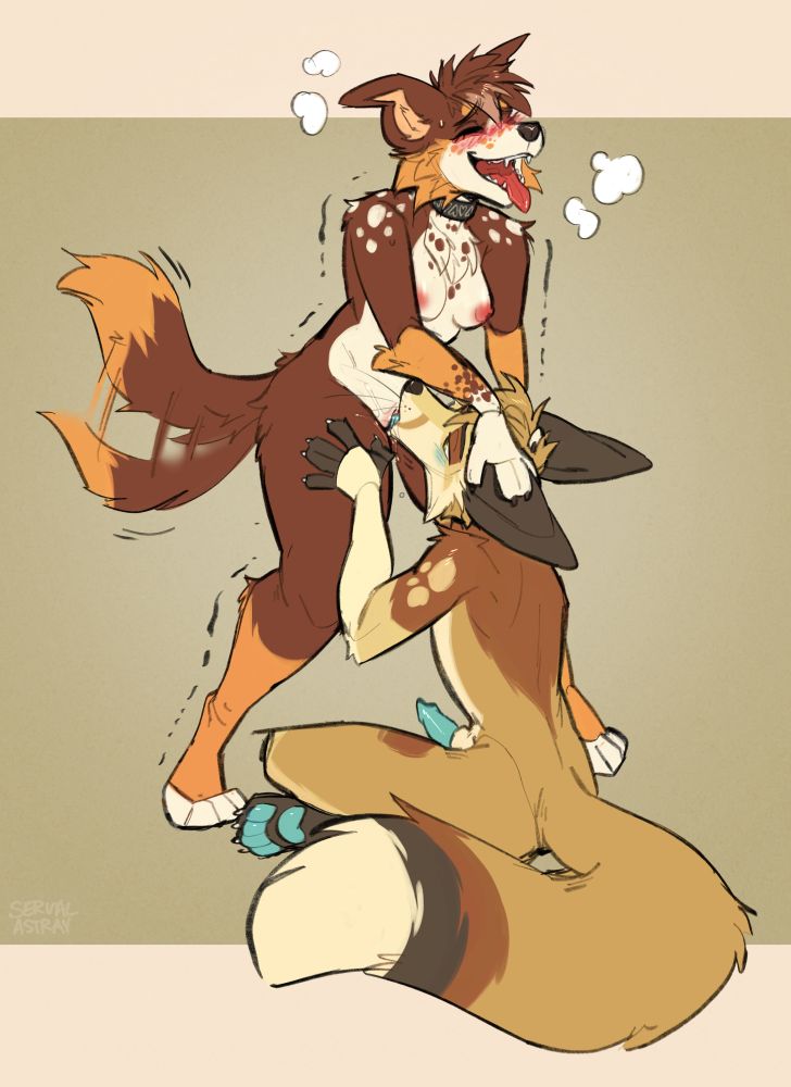 digital image of two anthro characters. the first is standing, holding the head of the other, who is sitting and eating out the first anthro. 