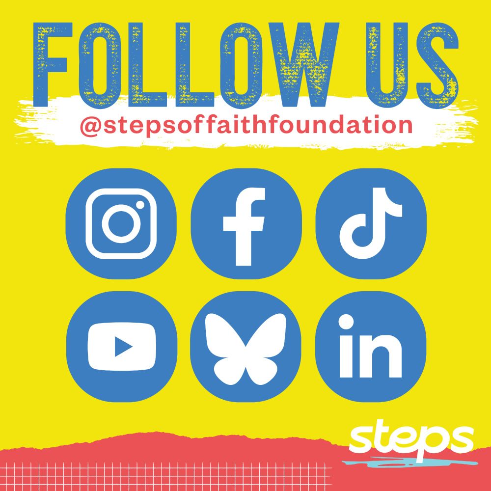 Logos of social platforms Steps of Faith is on including Instagram, Facebook, TikTok, YouTube, Bluesky, and LinkedIn