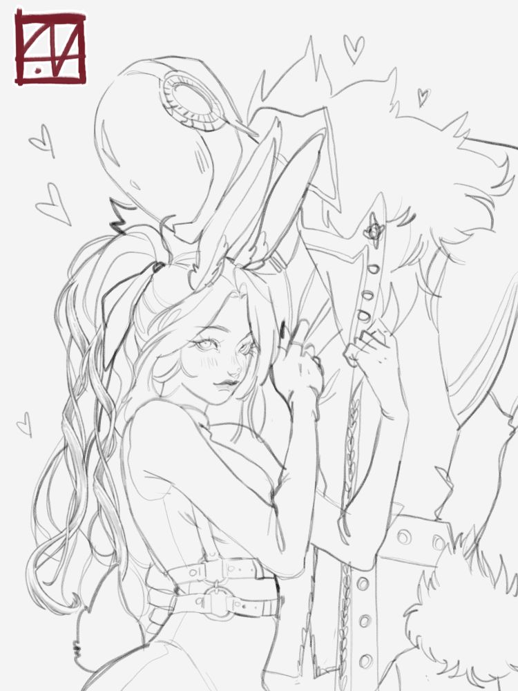 a drawing of laela latched onto her favorite automaton, 01.