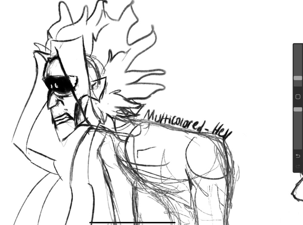 Closeup of the first sketches face. He is slouching and snarling with a miserable expression.