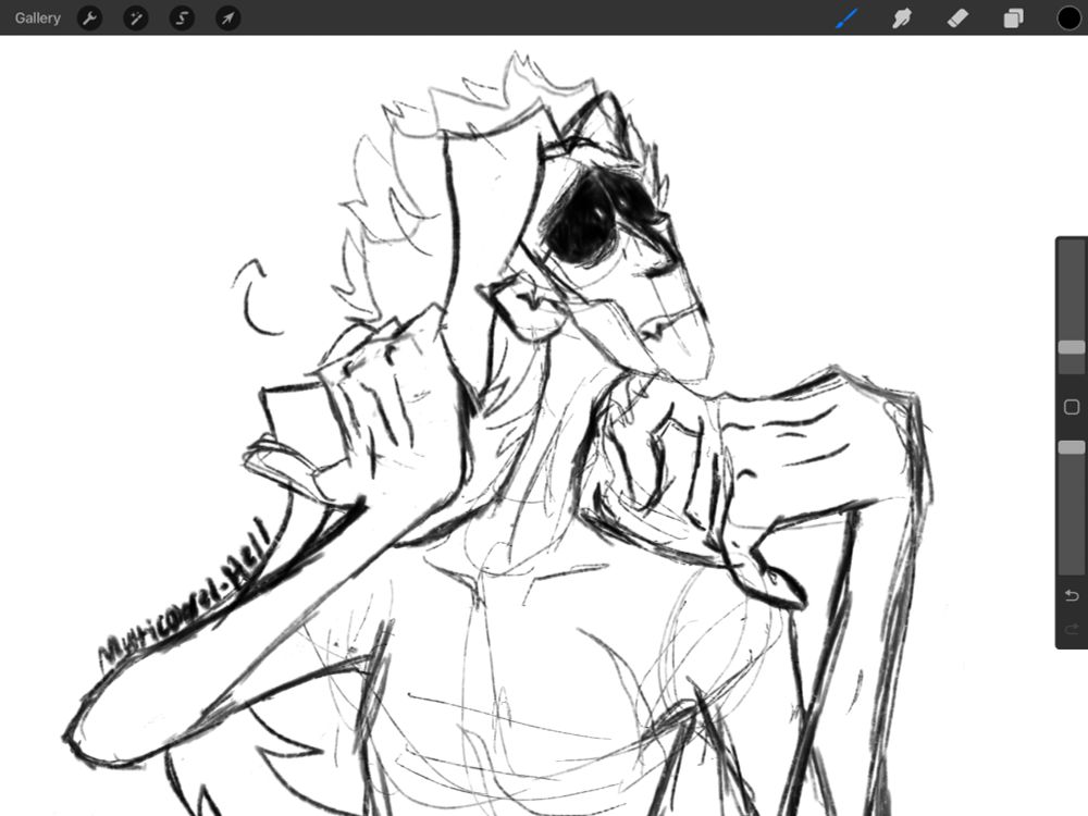 Closeup of the second sketches face, Toshinori is pulling his bang out of the way to reveal a strangely pointy ear. At the same time he brushes his knuckles against his chin to eccentuate his sharpening teeth.