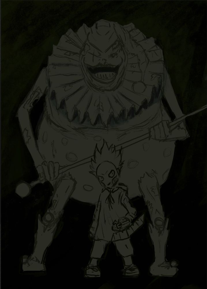 A work in progress sketch of Bonz (from Yu-Gi-Oh) standing in front of a zombie clown