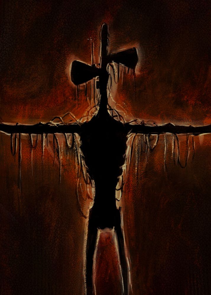 A silhouette of Sirenhead, an anthropomorphic being with sirens instead of a head. Wires run and drape along its shoulders and arms