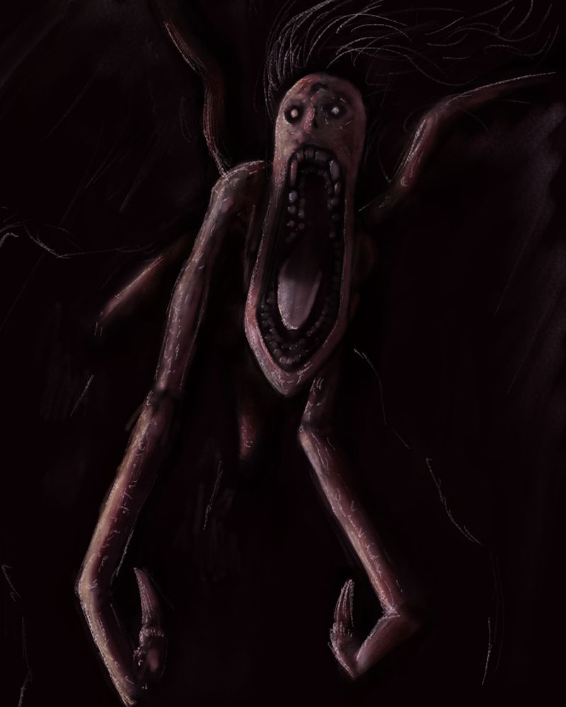 A pale angel with taloned arms and a gaping maw