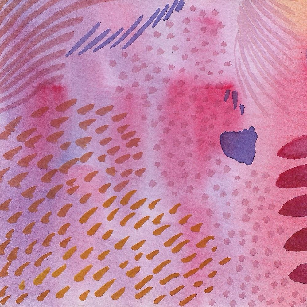 abstract watercolor in shades of dusty purple and pink, scattered with many small marks, dots and lines in gold, crimson and violet
