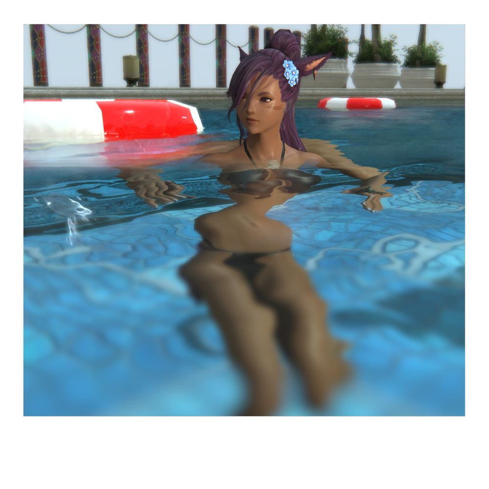A game screenshot of a cat girl from Final Fantasy 14. She is in a bathing suit swimming inside a pool looking towards the left.