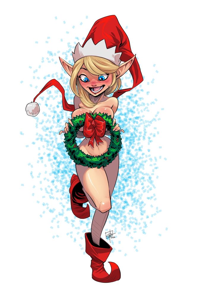 A festive holiday elf holds a Christmas wreath to cover her brazen nakedness! Her winning smile indicates that she’s delighted by the situation.