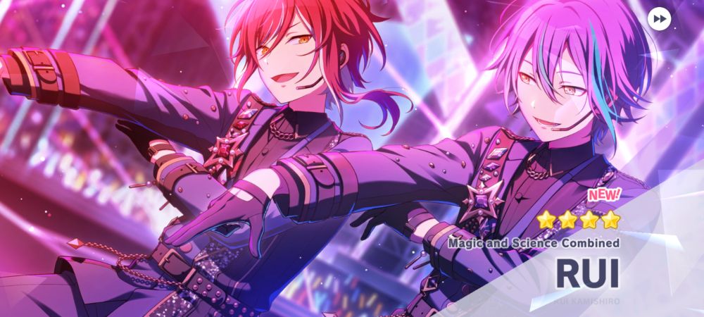 Screenshot from Hatsune Miku: Colourful Stage.  Splash screen of Rui Kamishiro's "Magic and Science Combined" Ensemble Stars collab card.  It shows him dancing alongside Natsume Sakasaki from Ensemble Stars.
