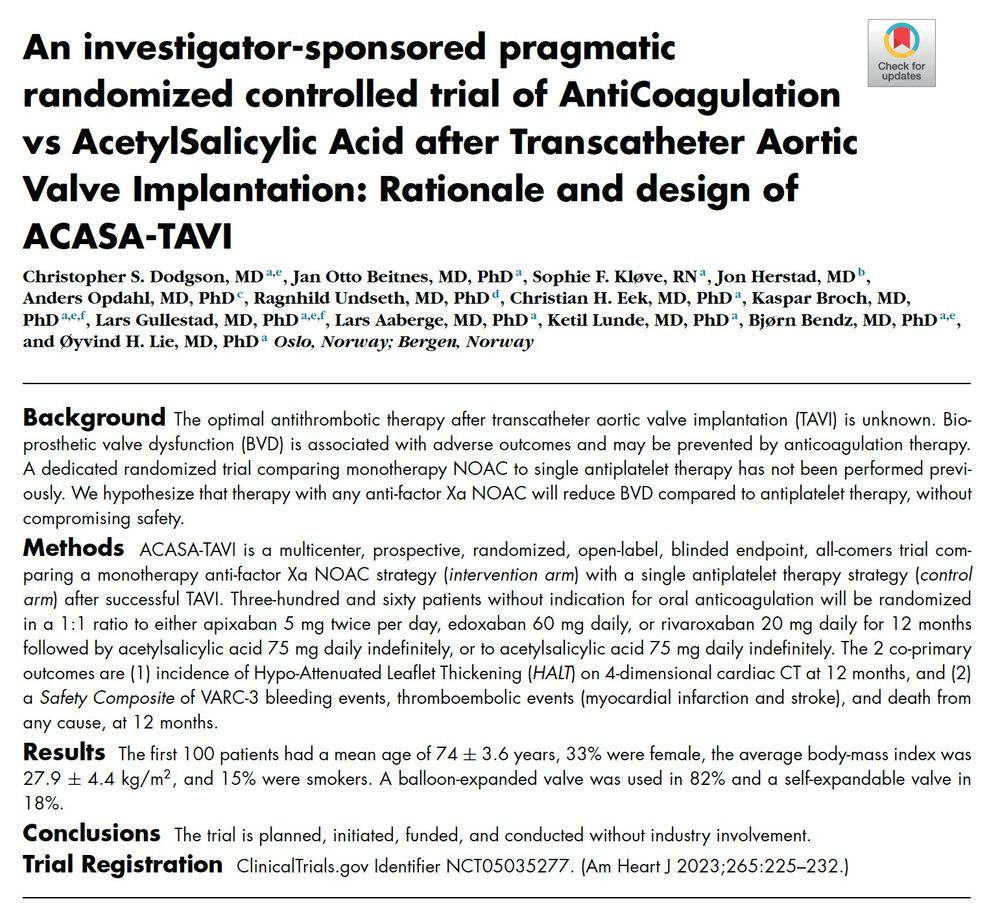 Background: The optimal antithrombotic therapy after transcatheter aortic valve implantation (TAVI) is unknown. Bioprosthetic valve dysfunction (BVD) is associated with adverse outcomes and may be prevented by anticoagulation therapy. A dedicated randomized trial comparing monotherapy NOAC to single antiplatelet therapy has not been performed previously. We hypothesize that therapy with any anti-factor Xa NOAC will reduce BVD compared to antiplatelet therapy, without compromising safety.

More here: https://pubmed.ncbi.nlm.nih.gov/37634655/