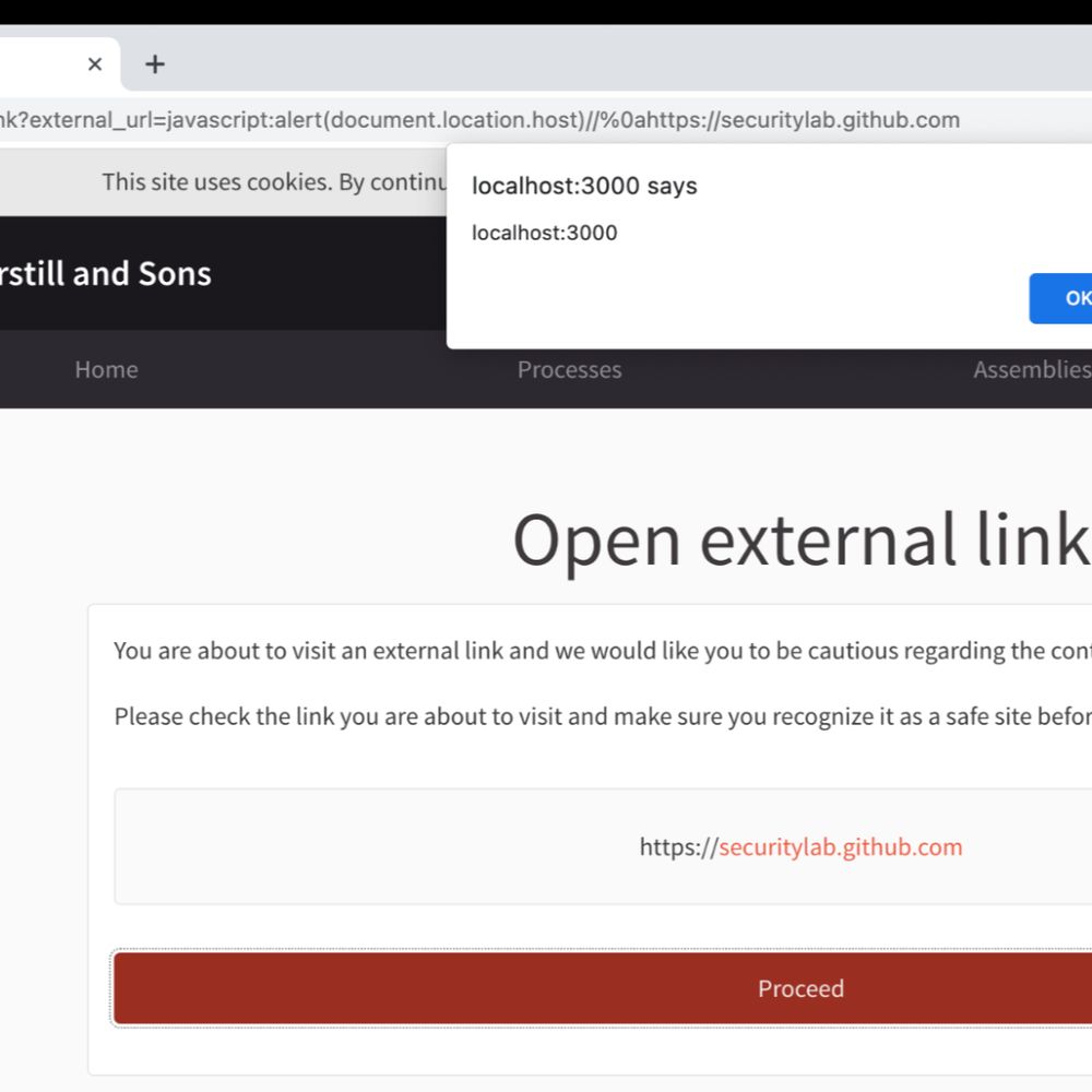 Screenshot: A JavaScript alert message is displayed to demonstrate that a cross-site scripting vulnerability exists. This alert was triggered when the user clicked on the “Proceed” button on a link provided by the attacker. Instead of the “malicious” attacker-supplied JavaScript URL, the user only sees what the attacker wants the user to see, in this case: a harmless link to securitylab.github.com.